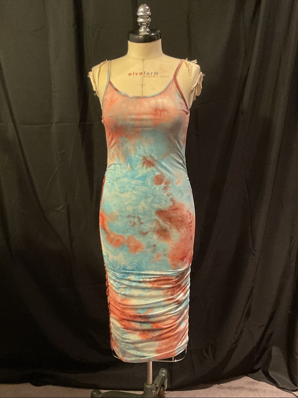 Tie-Dye Bodycon Midi Dress in Blue & Coral